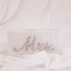 Mrs. Acrylic Box Clutch in White with Silver Script